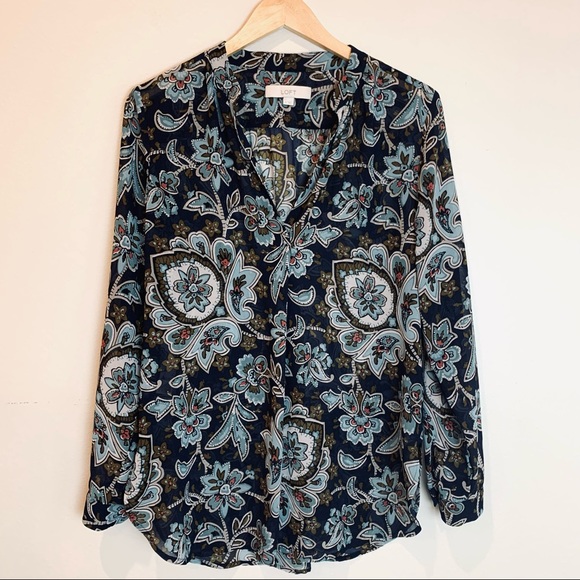 Loft Floral Long Sleeve Semi Sheer Blouse Medium - Picture 8 of 10
